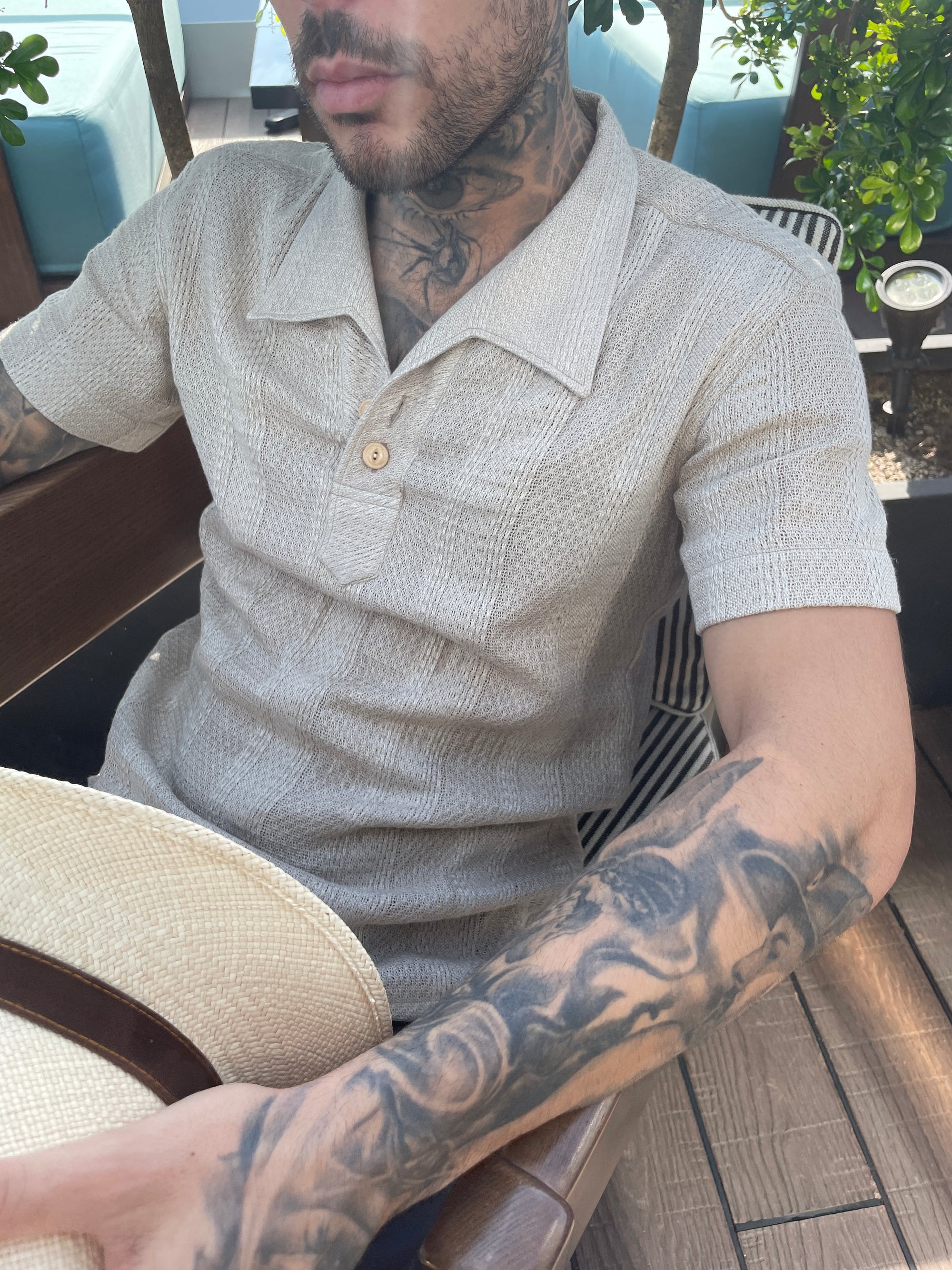 Beige Cable knit Polo Corda Intrecciata Made in Italy