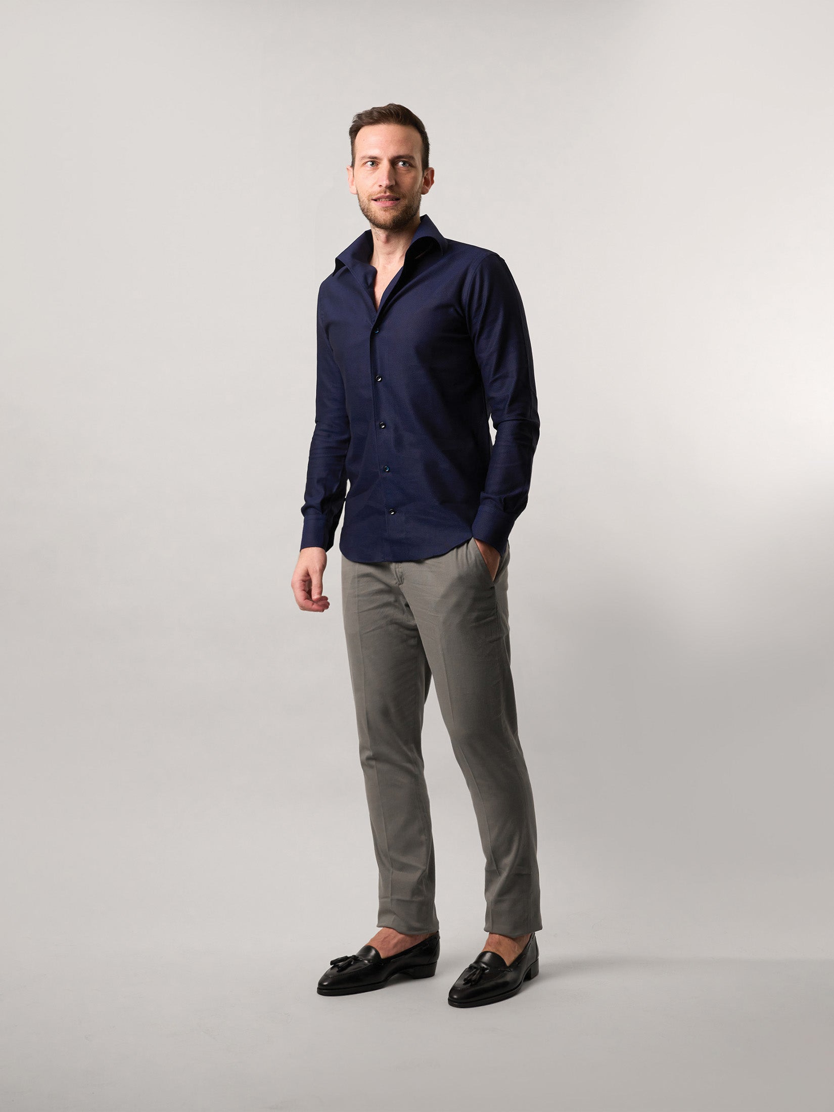MEN'S LINEN NAVY BLUE SOLID SLIM FIT SHIRT – JDC Store Online Shopping