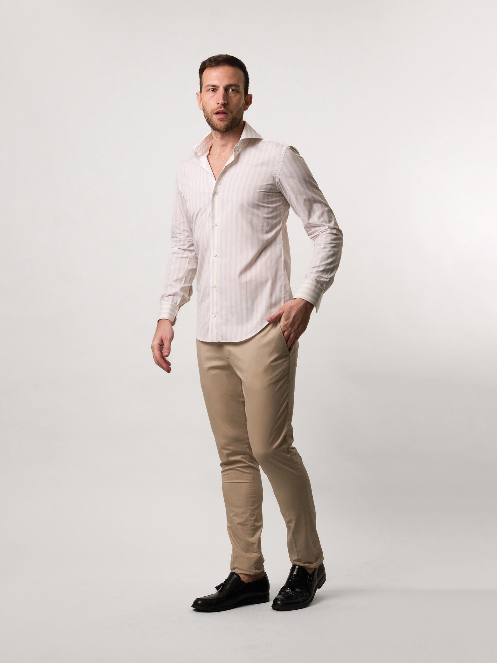 Casual Striped White/Light Beige Shirt