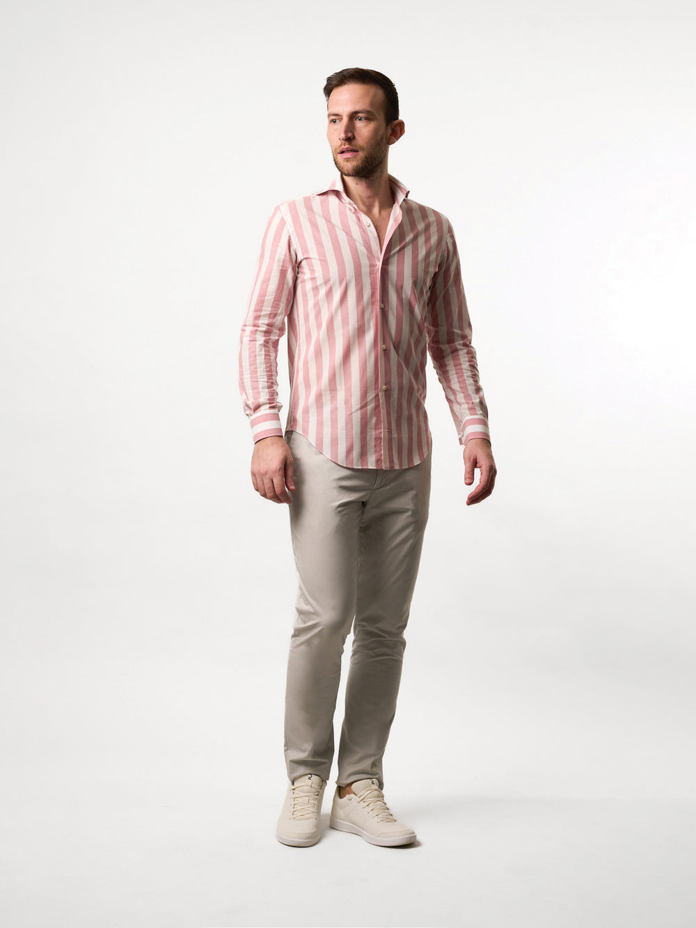 休閒條紋白/粉紅色襯衫