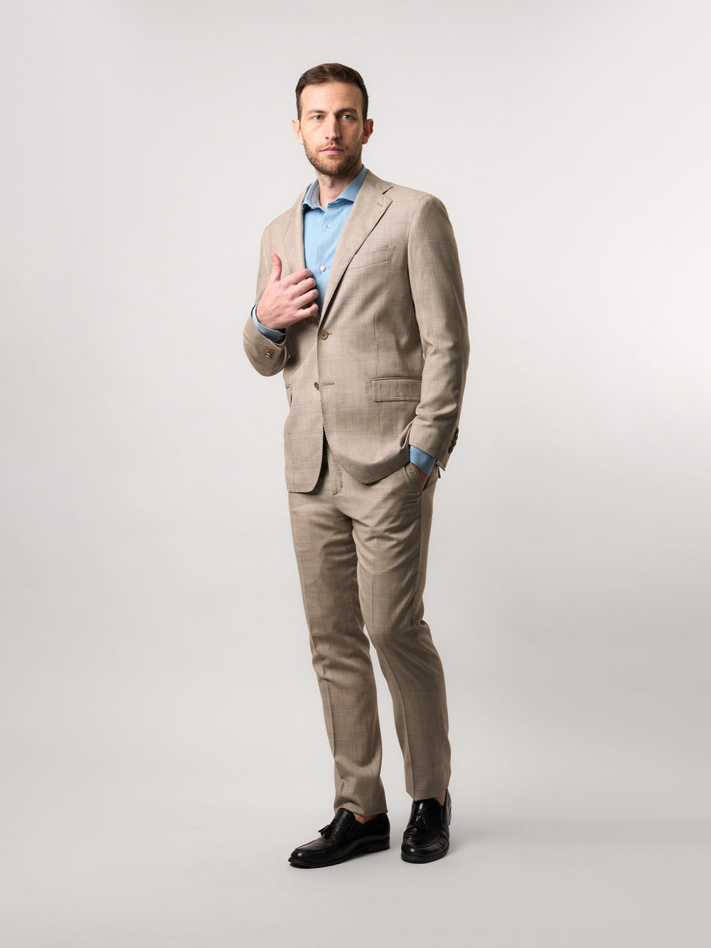 Beige Prince Of Wales Single Breasted Suit