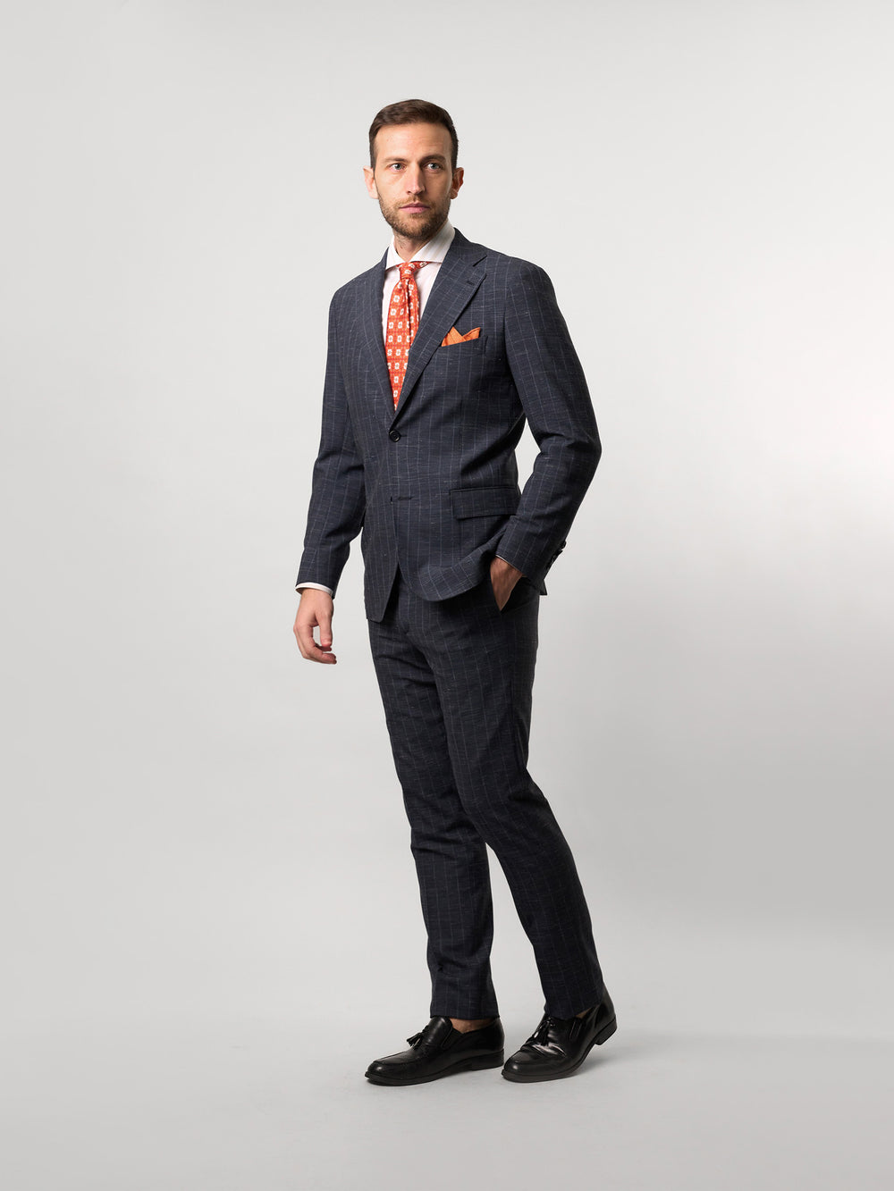 Blue-grey Striped Wool Linen and Silk Suit - Made in Italy - Free Shipping In Hong Kong