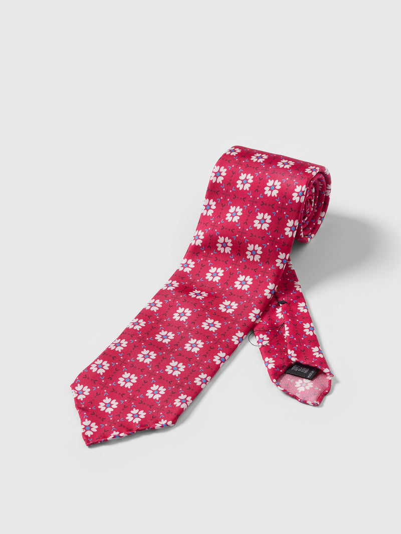 红色花朵图案手工丝绸领带